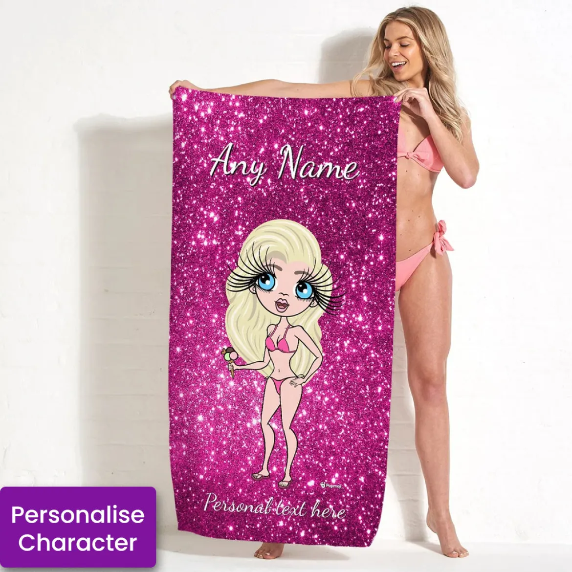 ClaireaBella Womens Personalised Beach Towel - Pink Glitter Print
