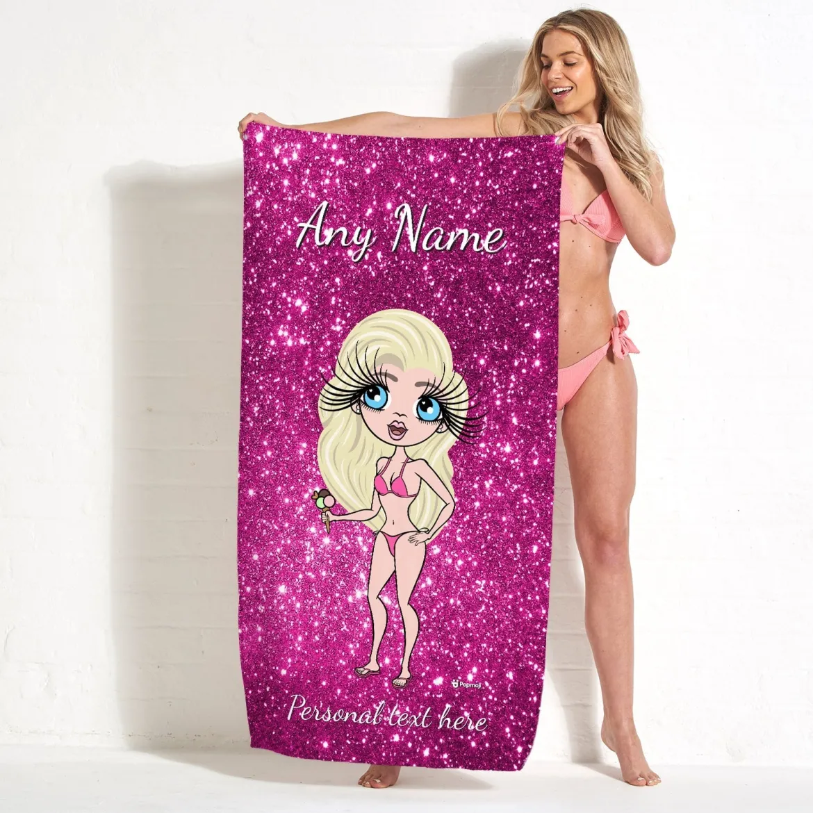ClaireaBella Womens Personalised Beach Towel - Pink Glitter Print