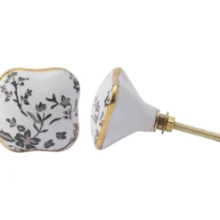 White and Grey Floral Ceramic Drawer Pull